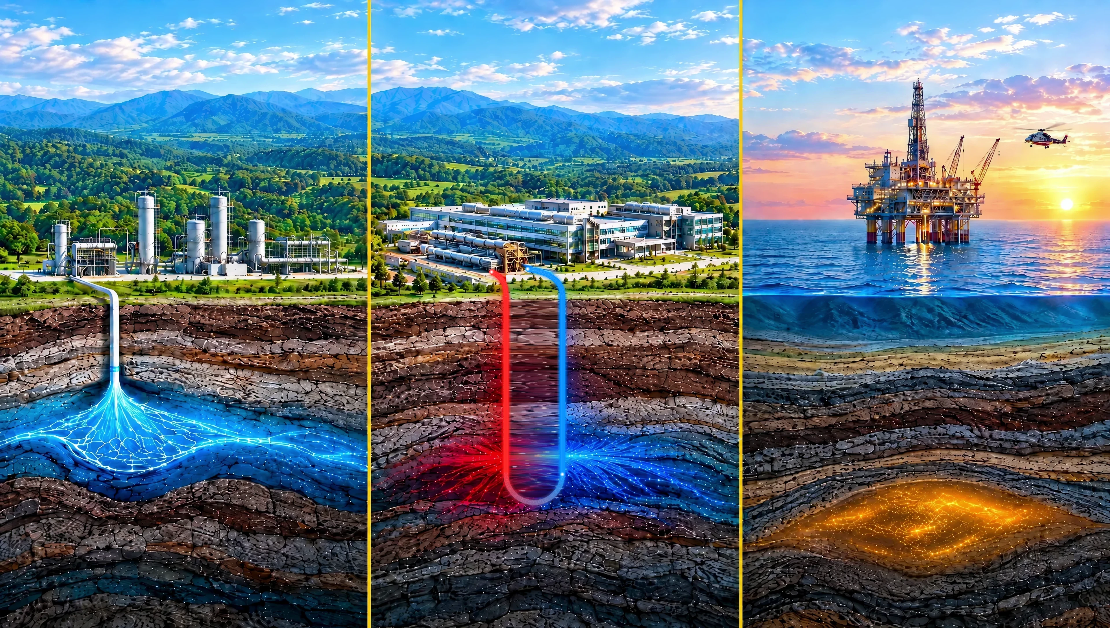 Illustrated cross-section of three sites: a carbon capture plant, a data campus with a geothermal loop, and an offshore gas platform, above layered rock